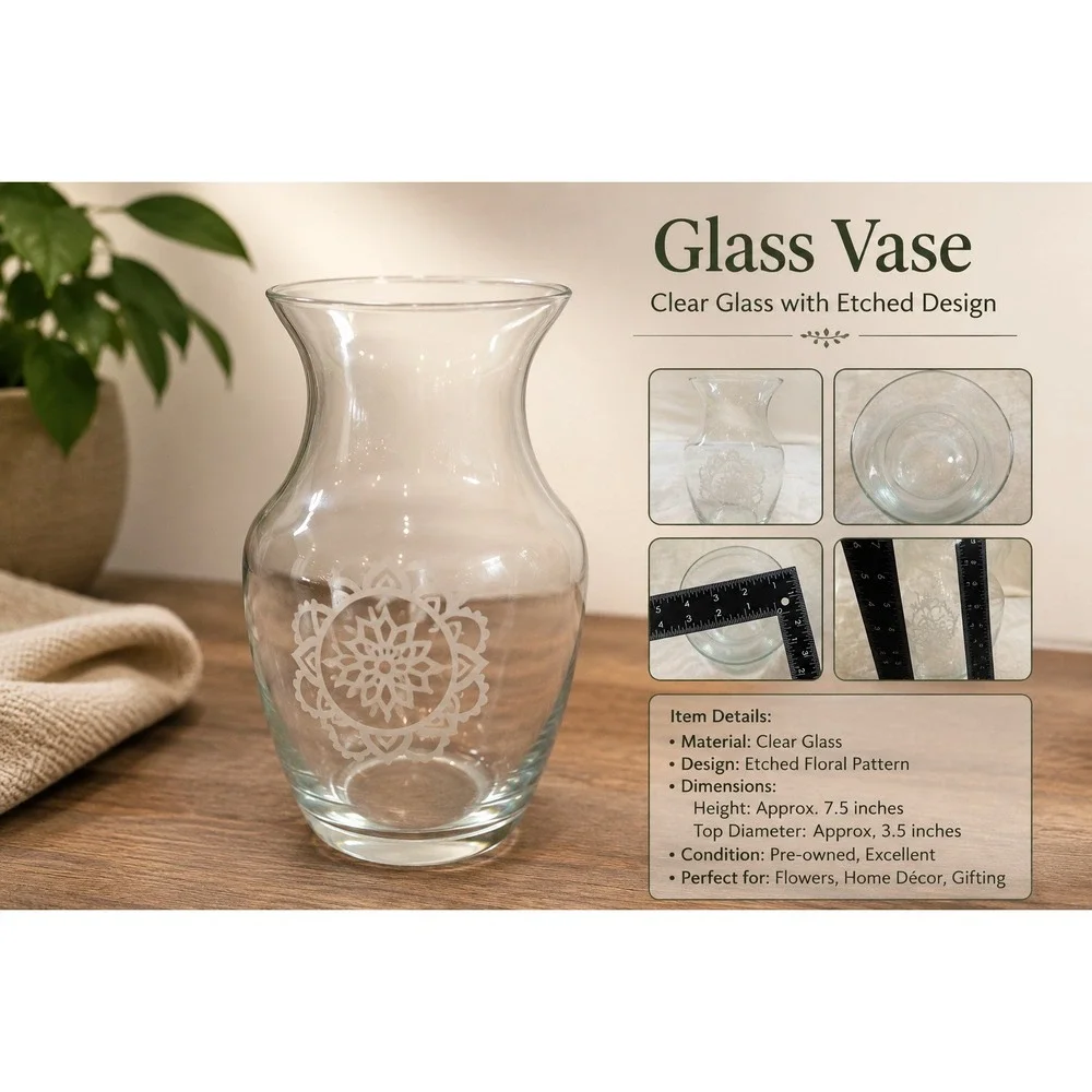 Clear Glass Vase with White Etched Mandala Floral Design 6.5 Inch Small Bud Vase